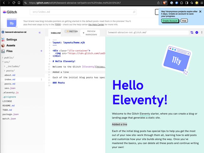 Glitch screen - markdown editing and live preview